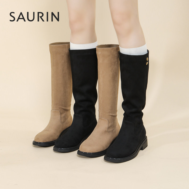索兰骑士靴女2024冬季新款复古英伦时尚绒面粗跟长筒靴24DT31560,淘宝优惠券,粉丝福利购,淘宝优惠卷