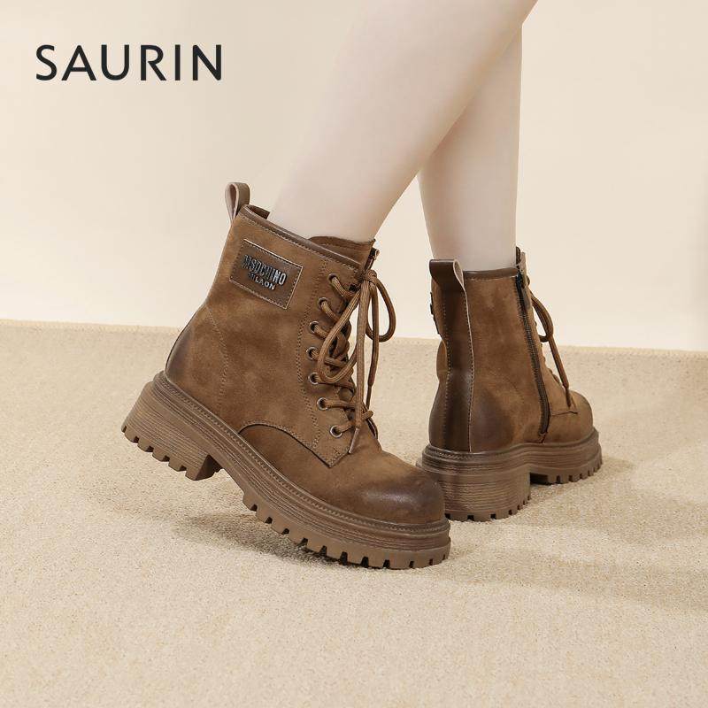 索兰短靴女2024冬季新款英伦风厚底增高系带机车马丁靴24DYL6529,淘宝优惠券,粉丝福利购,淘宝优惠卷