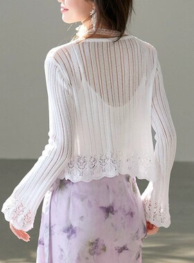 甜美风镂空V领系带针织衫上衣女2026夏防晒长袖针织外套披肩上衣