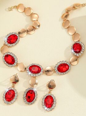 欧美爆款轻奢金色锌合金红色水晶项链耳环套装女夏季新款时尚配饰