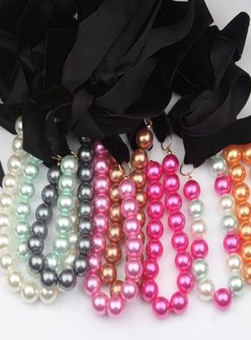 欧美项圈可调节长度黑色丝绒蝴蝶结项链女士夸张时尚珍珠丝带古风