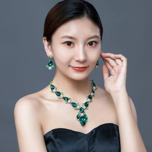 欧美风大牌水晶宝石装饰套装项链耳环甜美气质女晚礼服配饰锁骨链 - 图1