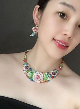 欧美彩色花朵水钻锁骨礼服晚宴