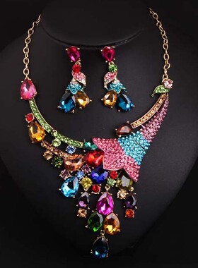 欧美夸张水晶宝石短锁骨项链耳环套装女礼服晚宴新娘饰品个性夸张