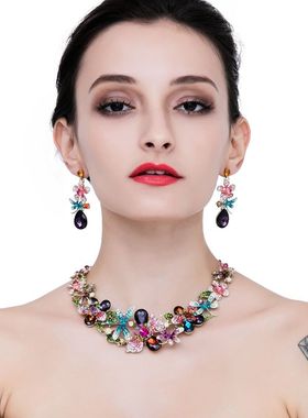 夸张短款镶嵌水晶欧美花卉项链