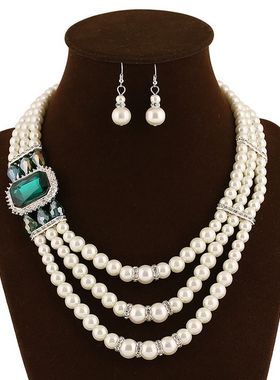 欧美大牌时尚多层珍珠女项链耳环