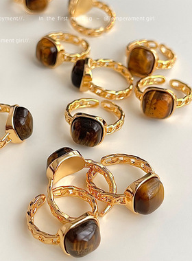 镀K真金法式复古天然石虎眼石方形几何肥方戒指 开口可调节指环