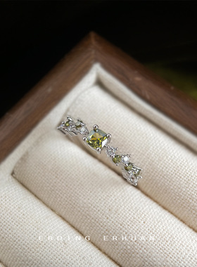 法式复古橄榄绿锆石开口可调节镀真金保色戒指食指戒指环