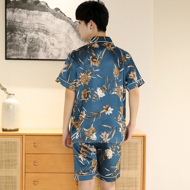 男夏季冰丝短袖短裤花朵印花睡衣 lrx浪如心睡衣/家居服套装
