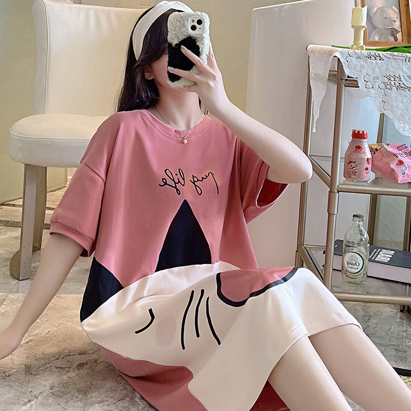 lrx浪如心旗舰店睡裙女夏季纯棉短袖中长款韩版宽松大码卡通可爱全棉可外穿家居服0