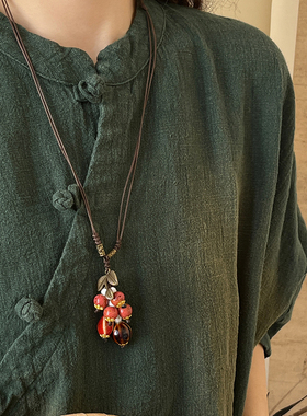 新中式复古海棠果陶瓷项链女国风
