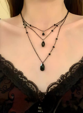 暗黑系多层黑色长款水滴流苏项链
