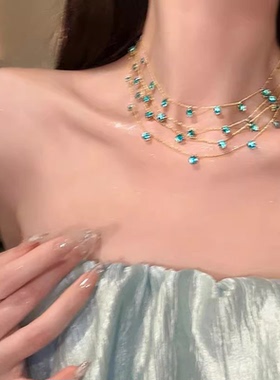 超仙梦幻蓝色水滴多层锁骨链女