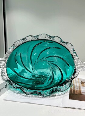 现代轻奢家居摆件蓝色琉璃花瓶波浪花边水果盘居家客厅桌面摆件瑕