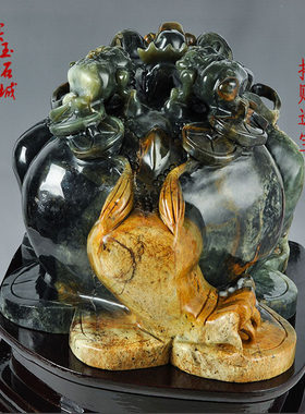 岫色天然玉石岫玉金蟾招财摆件