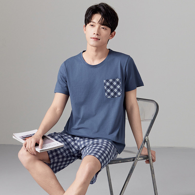韩彩男士夏天短袖睡衣男款夏季纯棉薄款男式加大码睡裤家居服套装