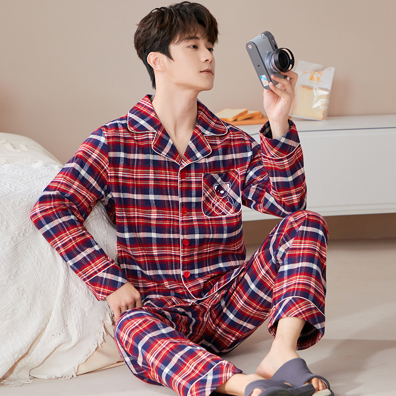 韩彩情侣睡衣春秋款纯棉红色新婚结婚男女士格子家居服套装本命年