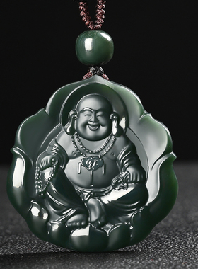 真品新疆和田玉塔青弥勒佛玉吊坠女士大肚笑佛挂件玉石玉佩玉佛公