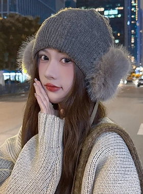秋冬季保暖防寒毛球雷锋帽百搭护耳绑带针织毛绒毛线帽女款帽子