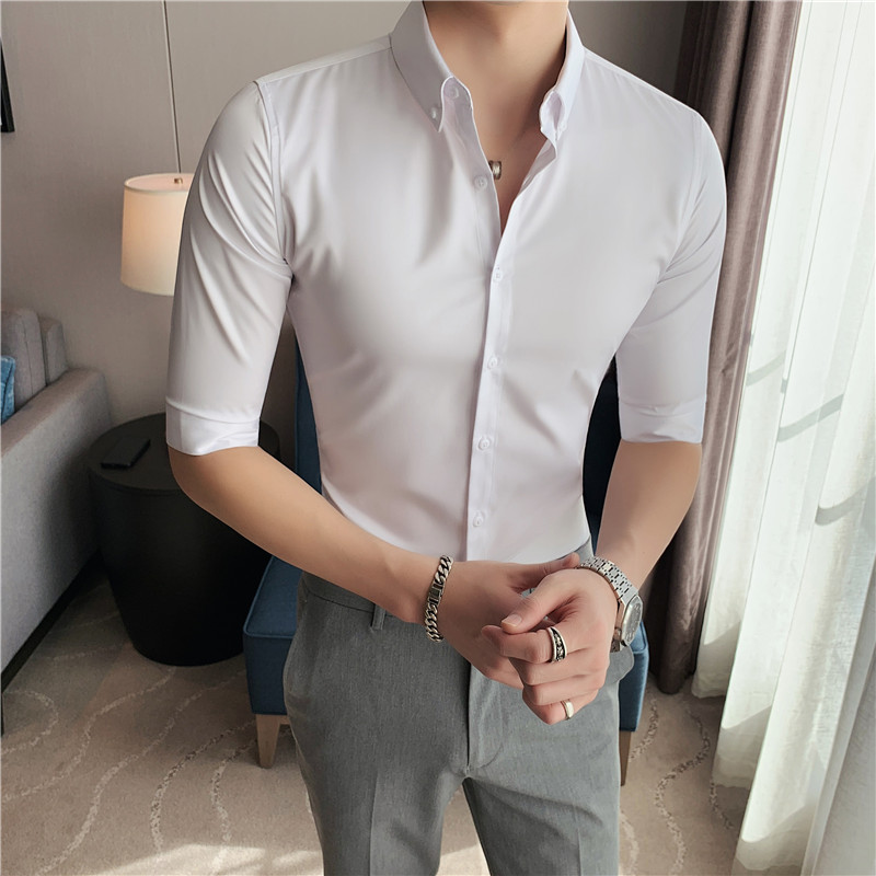 夏季男士中袖纯色衬衫韩版潮流帅气五分袖休闲衬衣英伦风修身短袖