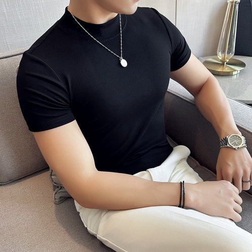 男士纯棉短袖T恤内搭潮流紧身半高领贴身打底衫紧身弹力中领半袖 - 图0