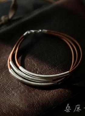 原创牛皮绳银饰手链休闲情侣款