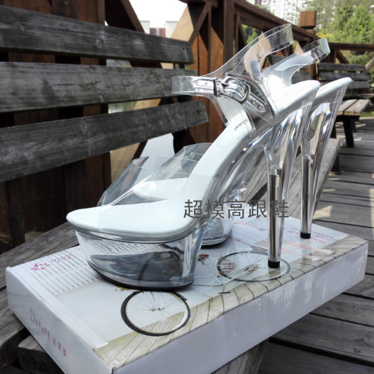 恨天高模特t台走秀性感水晶鞋15cm透明防水台细跟女 夜店高跟凉鞋