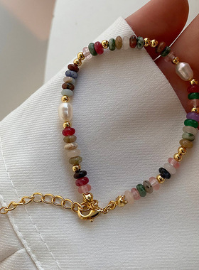 彩色天然石淡水珍珠手链女小众设计复古个性百搭简约气质时尚手饰