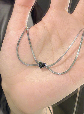 双层金属蛇骨链爱心项链女韩国小众复古个性百搭气质颈链锁骨链