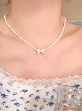 锆石蝴蝶结珍珠项链女法式复古优雅轻奢可爱甜美个性颈链锁骨链