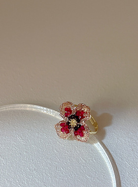 小众设计彩色水晶花朵开口戒指女韩国复古个性百搭气质时尚指环