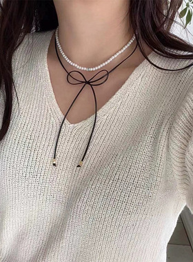 飘带蝴蝶结珍珠双层项链女小众设计感复古个性简约百搭颈链锁骨链