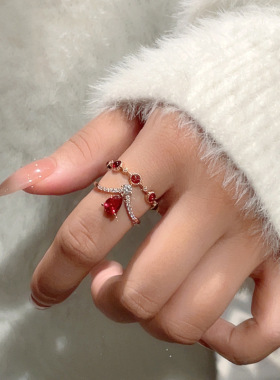 叠戴复古红色猫眼石金属开口戒指女轻奢小众精致个性时尚指环戒子