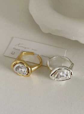 法式高级感不规则珍珠金属开口戒指女小众复古个性百搭指环戒子