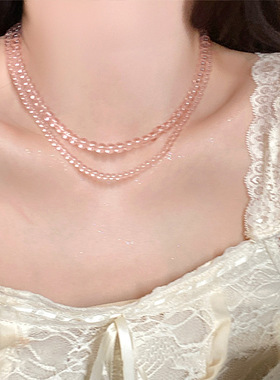 透明粉色串珠项链女小众设计甜美个性简约百搭气质时尚颈链锁骨链