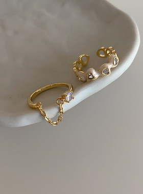 锆石滴油爱心开口戒指套装女韩国小众复古个性简约百搭气质指环