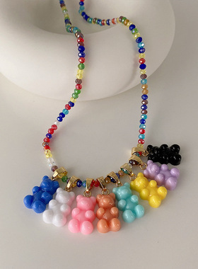 权志龙彩色糖果小熊吊坠项链女韩国个性简约百搭气质颈链锁骨链