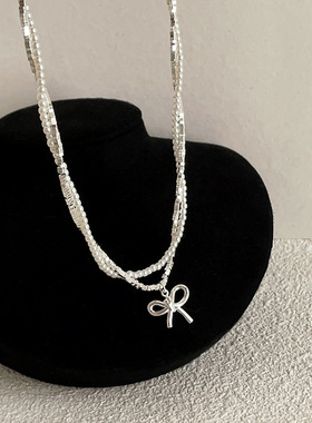 碎银子金属双层珍珠缠绕蝴蝶结吊坠项链女轻奢高级百搭颈链锁骨链