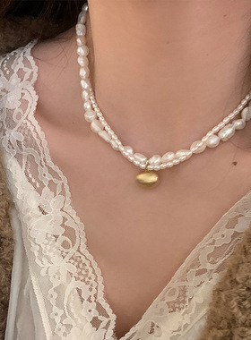 法式复古双层不规则珍珠爱心豆子项链女轻奢个性时尚颈链锁骨链