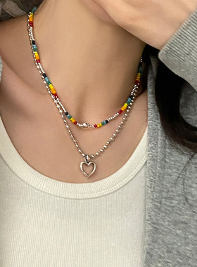 小众设计彩色水晶笑脸爱心双层项链女韩国个性简约百搭颈链锁骨链