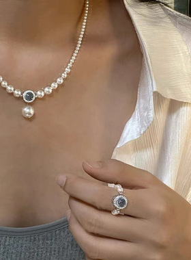 蓝色猫眼石珍珠碎银子项链女小众设计复古个性简约百搭颈链锁骨链