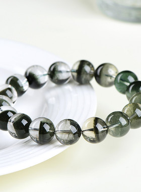 久雅水晶 天然赞比亚绿幽灵圆珠手链 深绿幽灵聚宝盆散珠手串批发