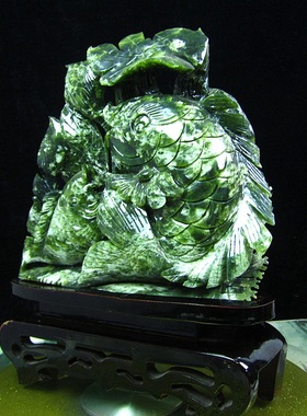 天然玉石双鱼戏水摆件玄关办公室