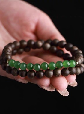 新款网红古风老山檀和田钰双圈手串时尚新中式复古手链闺蜜礼物款