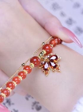 新款红玛瑙枫叶双层手链女新中式小众设计时尚串珠手饰送闺蜜学生