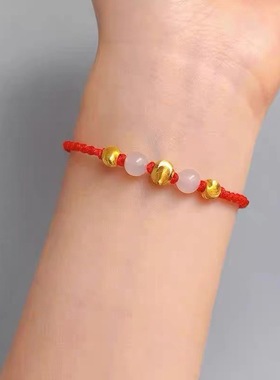 镀18K金猫眼金珠镀金手链女编织和田玉硬金转运珠手绳金色小饰品