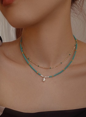 菱美矿绿松石复古项链女百搭高级感小众夏锁骨链串珠新中式跨境饰