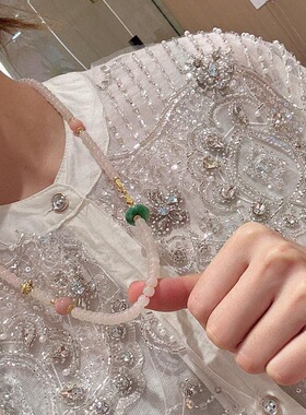 天然藕粉和田玉老型珠项链复古新中式国风莲花平安锁玉髓毛衣链女