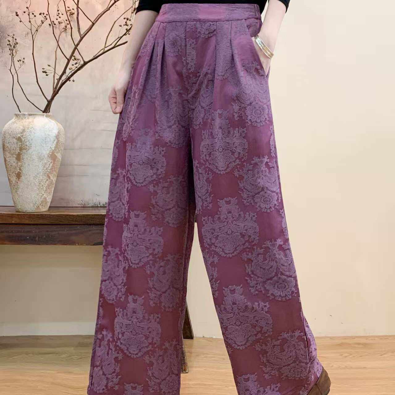 2026年春款哈伦裤女缎面提花宽松休闲裤子民族风复古国风裤子新款,淘宝优惠券,粉丝福利购,淘宝优惠卷