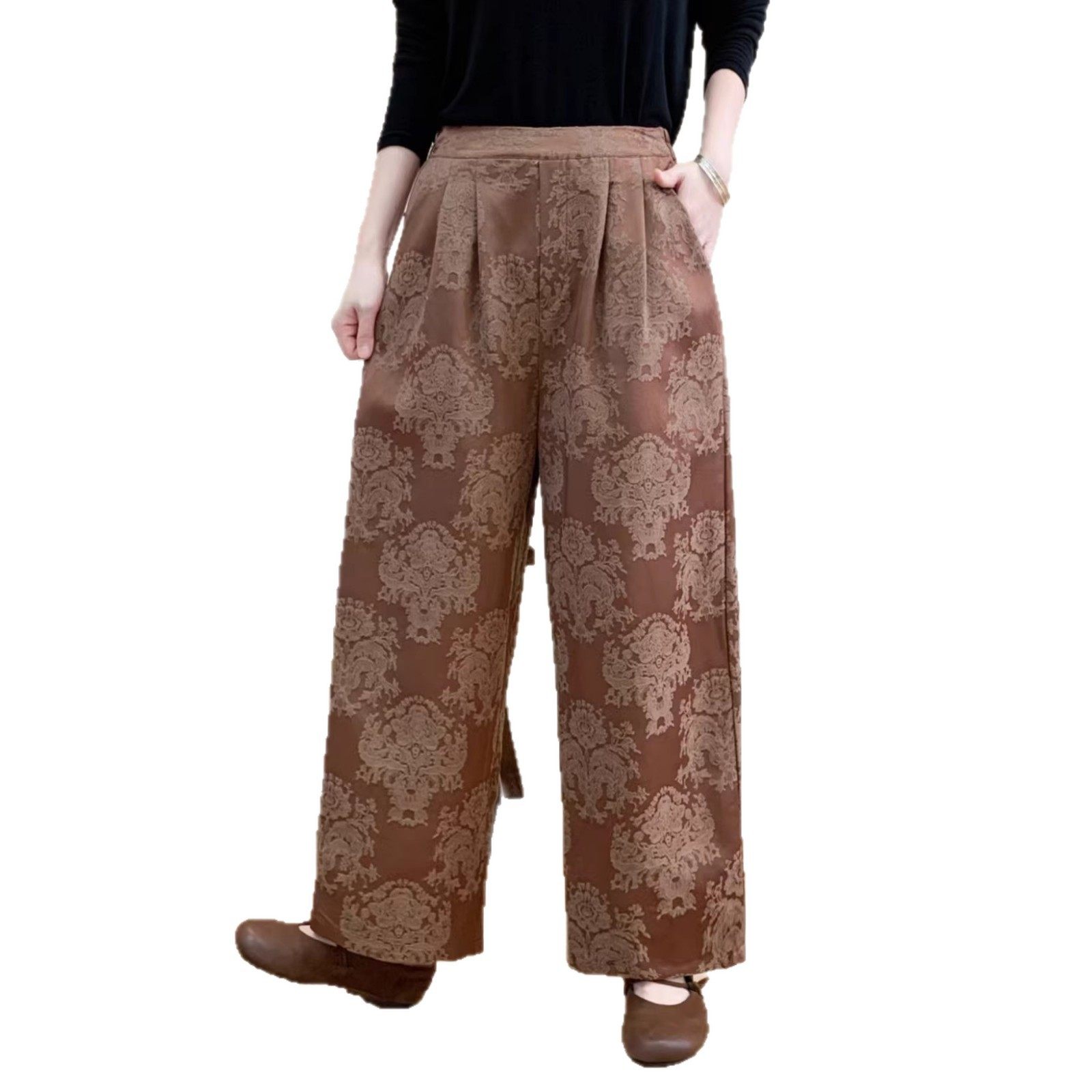 2026年春款哈伦裤女缎面提花宽松休闲裤子民族风复古国风裤子新款,淘宝优惠券,粉丝福利购,淘宝优惠卷